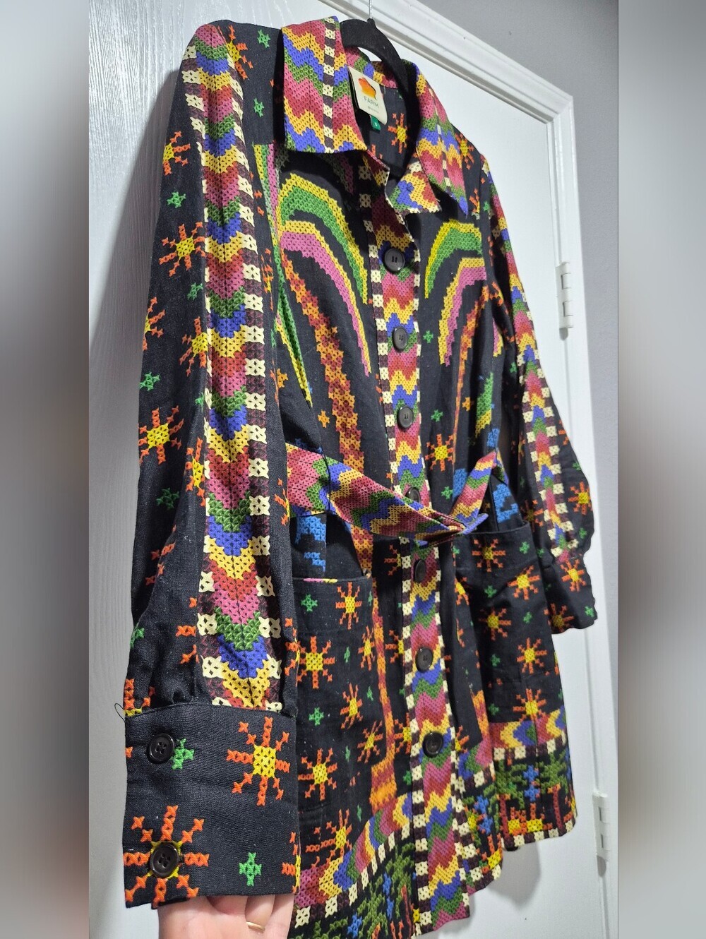 Farm Rio Macaw Night Long Sleeve Linen Blend Mini Colorful Belt Dress Size S - Picture 6 of 15